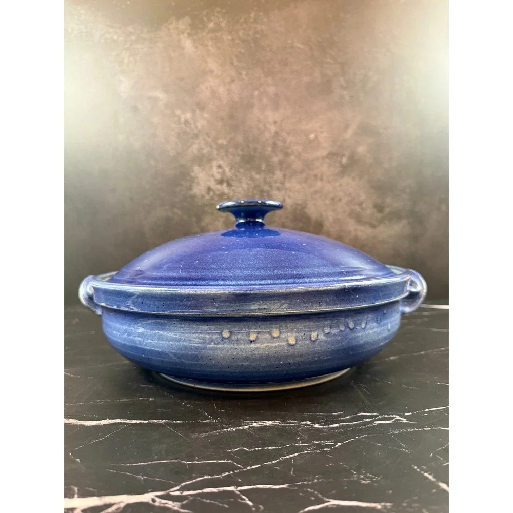 VTG Sasha Makovkin California Pottery Blue Lidded Ceramic Round Casserole Dish